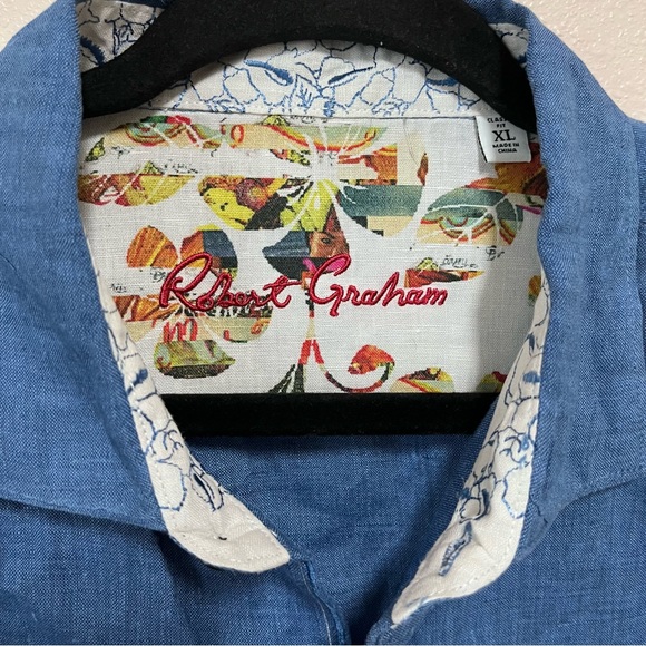 ROBERT GRAHAM 100% Linen Shirt Sz XL Blue w/ Floral Flip Cuff Exquisite EUC - Picture 2 of 5